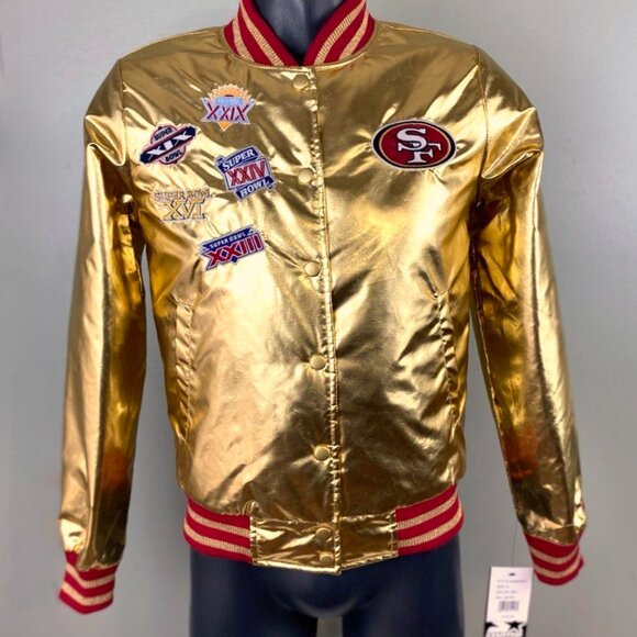 Share San Francisco 49ers Woman's 5 Time Super Bowl Jacket STARTER GOLD S M - Picture 2 of 9